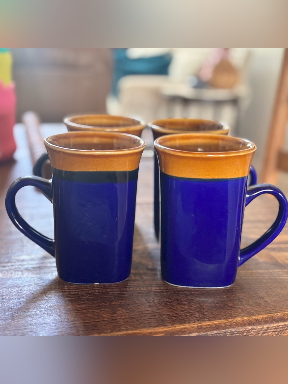 Royal Norfolk Square 2-Tone Stoneware Coffee Mugs cobalt blue and tan Set of 4